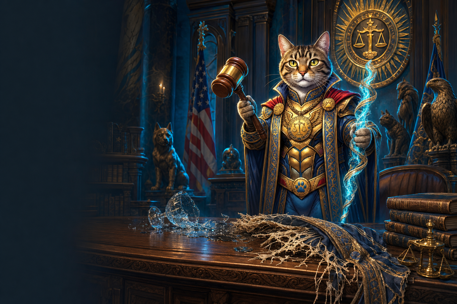 The cat judge raising a gavel at a wooden bench beside a shattered glass